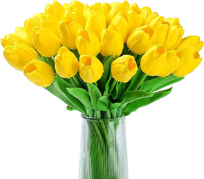 20pcs Yellow Tulips Artificial Flowers Fake Silk Tulips Real Touch Flowers for Spring Kitchen Wedding Home Decor Arrangements Easter Decor 14 Inch