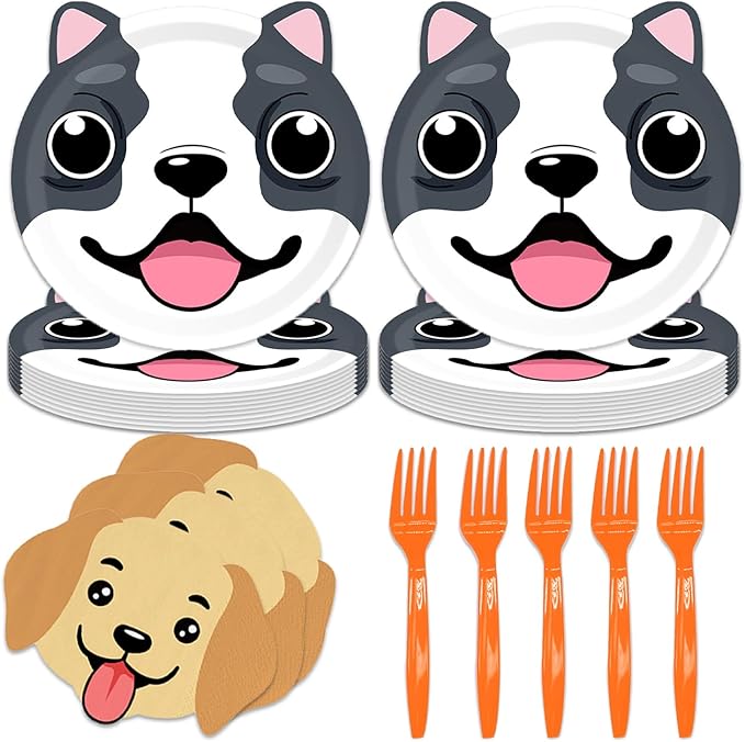 Generic 48Pcs Cute Dog Birthday Party Decorations Plates, Paper and Plastic Construction, Cartoon Style, Dog-Themed Party Supply Pack, Dinner Plates