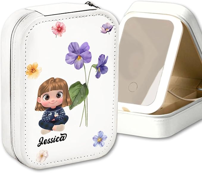 Wrappiness Girls & Women Lovely Makeup Box With LED Mirror - Personalized Jewelry Box Organizer Portable Ideal for Travel, Gift for Daughters Sisters Friends (Birth Month Flower, Toddler Girls)
