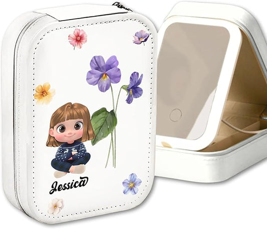 Wrappiness Girls & Women Lovely Makeup Box With LED Mirror - Personalized Jewelry Box Organizer Portable Ideal for Travel, Gift for Daughters Sisters Friends (Birth Month Flower, Toddler Girls)