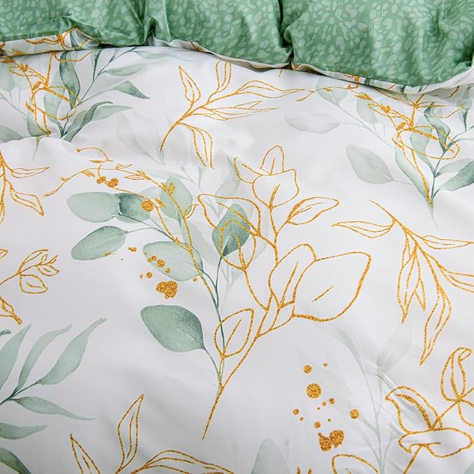 Nayoroom White Floral Duvet Cover King Size Green Gold Leaves Printed Reversible Botanical Comforter Cover 3 Pieces Soft Breathable Microfiber Cottagecore Bedding Set with Zipper Closure