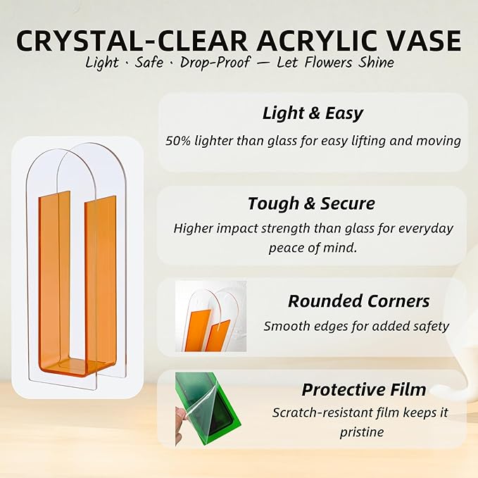 Acrylic Vase Creative Gifts Minimalist Design Wedding Centerpiece Home Office Decor Elegant Floral Display Stand(Not Including Flowers) (Semi-Orange, 1PCS)