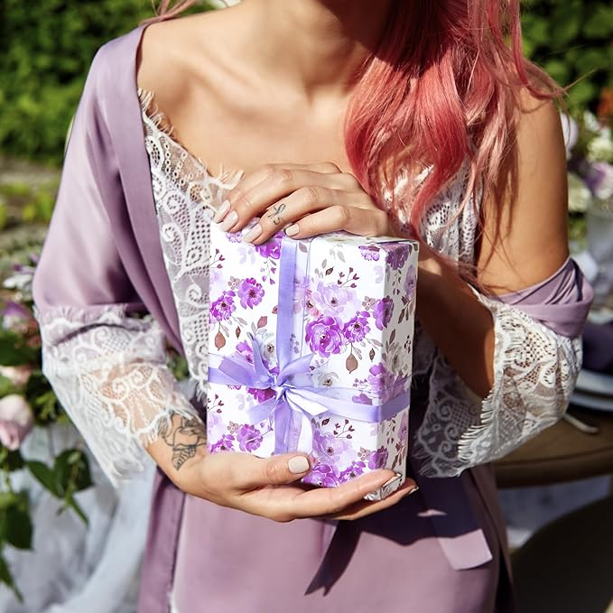 Yarcony Reversible Floral Wrapping Paper Roll, Purple Flower Gift Wrapping Paper, Watercolor Rose Design Wedding Gift Wrap for Girl Women Birthday, Mother's Day, Bridal Shower,Christmas (17Inx16.5Ft)