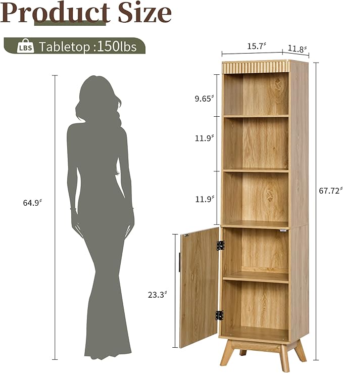 Bifins 68" Tall Bathroom Storage Cabinet,Narrow Fluted Tower Cabinet with Door and Shelves,Slim Space Saving Storage Unit for Bathroom Kitchen Living Room (Natural, 11.8" D x 15.75" W x 68" H)