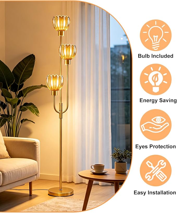 Lightdot 3-Lights Modern Glass Floor Lamp Gold Dimmable Floor Lamps with 3000K Warm White Bulbs for Wedding Party 66IN Tall Standing Lamp with Amber Glass Shade for Living Room/Bedroom/Home Decor