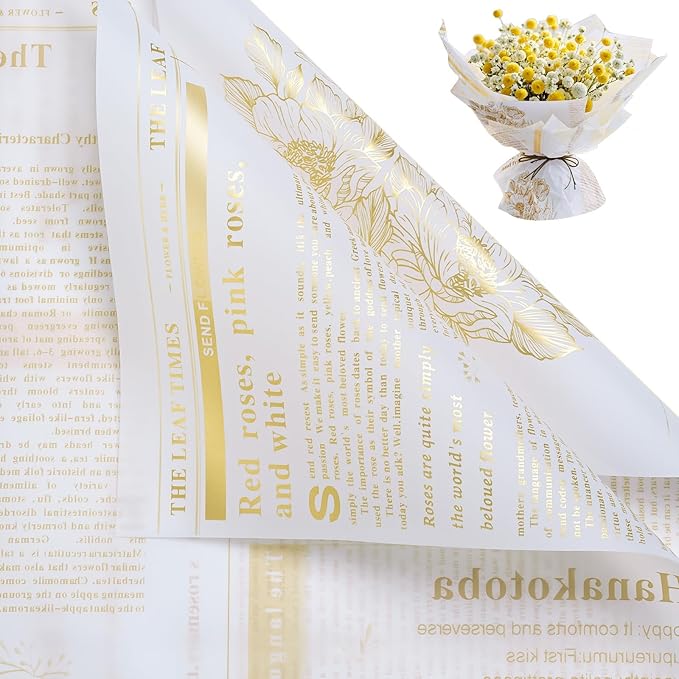 WRAPAHOLIC 20 Sheets Flower Wrapping Paper - 22 x 22 inch Retro Gold Foil Lettering Water-Resistant Floral Bouquet Wrapping Paper, Florist Supplies Packaging Paper for Wedding Birthday Gift DIY