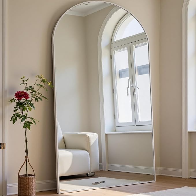Dewfig Arched White Full Length Mirror, 71"X30" Large Floor Mirror, Full Body Mirrors for Leaning or Hanging, Standing Mirrors for Bedroom, Living Room,Dressing Room, Aluminum Alloy Frame, White