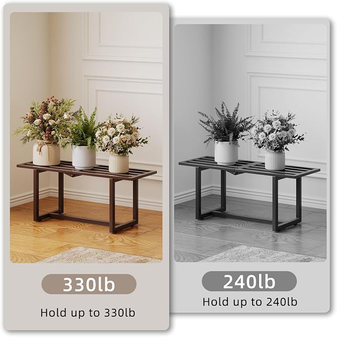 Plant Stand Indoor Outdoor, Foldable Metal Plant Shelf for Multiple Pots, Mid Century Slatted Bench for Patio Garden, Heavy Duty Capacity 330 lbs 2 Pack Coffee