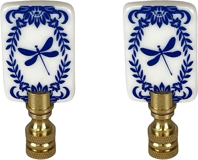 Royal Designs, Inc. Porcelain Dragonfly Finial for Lamp Shade, Polished Brass, Blue & White, Pack of 2