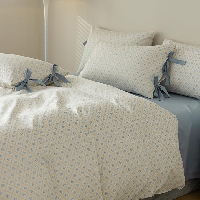 Blue Floral Duvet Cover Twin Soft Cotton Garden Style Floral Bedding Comforter Cover Plaid Grid Design Vintage Blue Flower Duvet Cover with 2 Bowknot Pillowcases Botanical Cottagecore Bedding Set