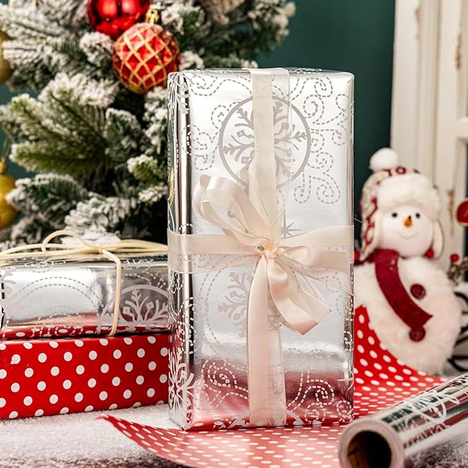 MAYPLUSS Christmas Wrapping Paper Roll - 17IN X 33FT - Silver Gift Wrapping Paper Featuring Snowflake Against Silver Reversible Polka Dot for Kids, Holiday, New Year