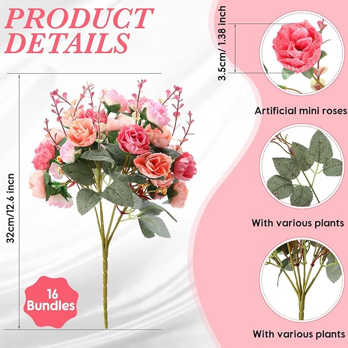 Geosar 16 Pcs Rose Artificial Flowers Fake Flowers Bouquet 21 Heads Silk Faux Floral Bundles with Stem for Home Bridal Wedding Arrangements Table Centerpieces Party Decor (Pink)