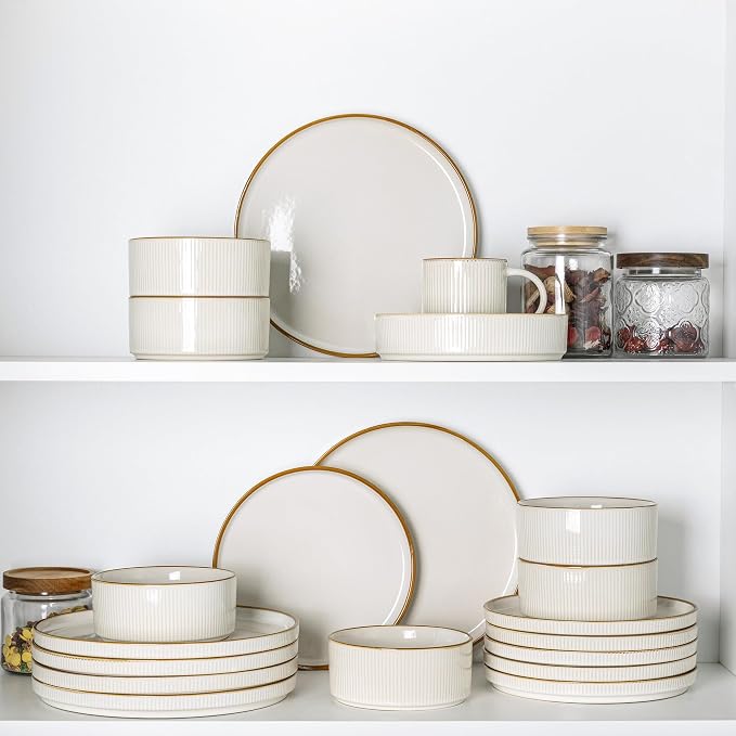 GBHOME 24-Piece Stoneware Dinnerware Set for 8 – Ribbed Ceramic Plates and Bowls, Scratch-Resistant, Microwave & Dishwasher Safe, Reactive Glaze, White with Honey-Brown Edge