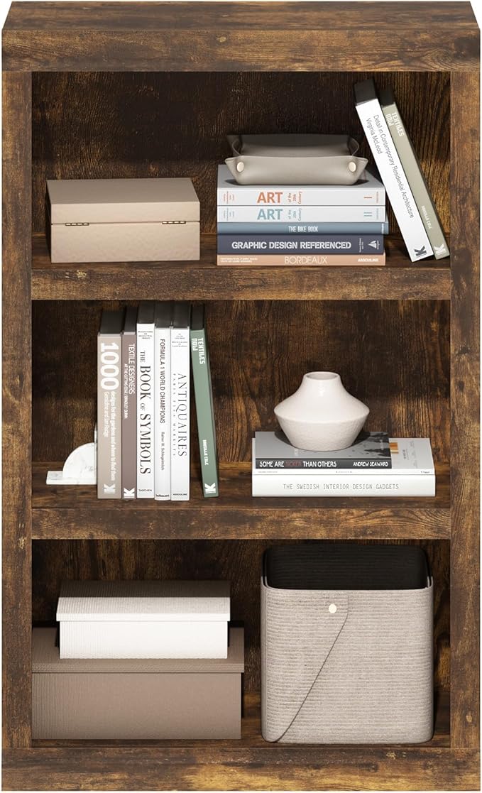Furinno Rail Book Shelf, 3-Tier Bookshelf, Bookcase with Open Shelf, 10.1 x 24.6 x 39, for Living Room, Bedroom, Home Office, Amber Pine