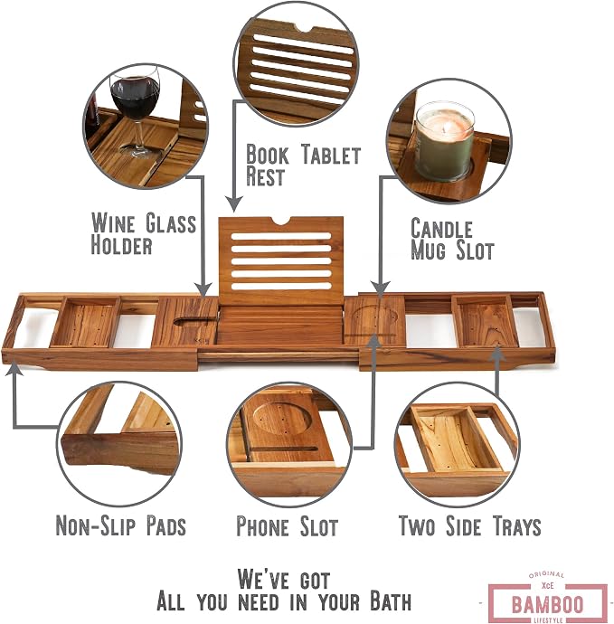 XcE Teak Bathtub Caddy Tray - Expandable to 41 Inches with Book Stand, Soap Holder & Anti-Slip Pads for Luxury Bath Spa, Teak