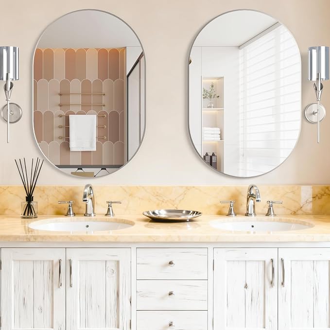 Oval Bathroom Mirror Capsule Wall Vanity Mirror, 24"x36" Pill Mirrors Wall Mounted Mirror, Large Modern Mirror with Silver Metal Frame, Decor for Entryway, Bedroom, Living Room