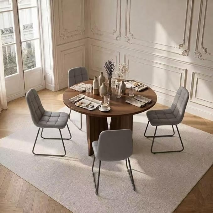 HIPIHOM Modern Round Dining Table Set for 4, 39.4" Walnut Kitchen Table with 4 PU Leather Chairs, 5-Piece Mid-Century Dining Room Set for Small Spaces, Pedestal Base
