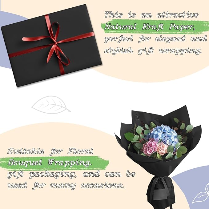 BAIJIALI 36" x 2,400" (200') Kraft Paper Roll for Craft Bulletin Board Paper Art Table Covering Crafting Gift Wrapping Bouquet Packing Parcel (Black, 36" x200')