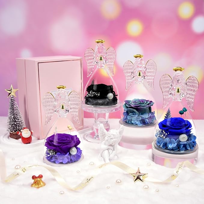 Sunia Preserved Flower Rose Gift for Women - Mother's Day Birthday Gifts for Mom Wife Grandma, Glass Angel Figurines Forever Real Roses Gifts for Her Valentine Day Thanksgiving