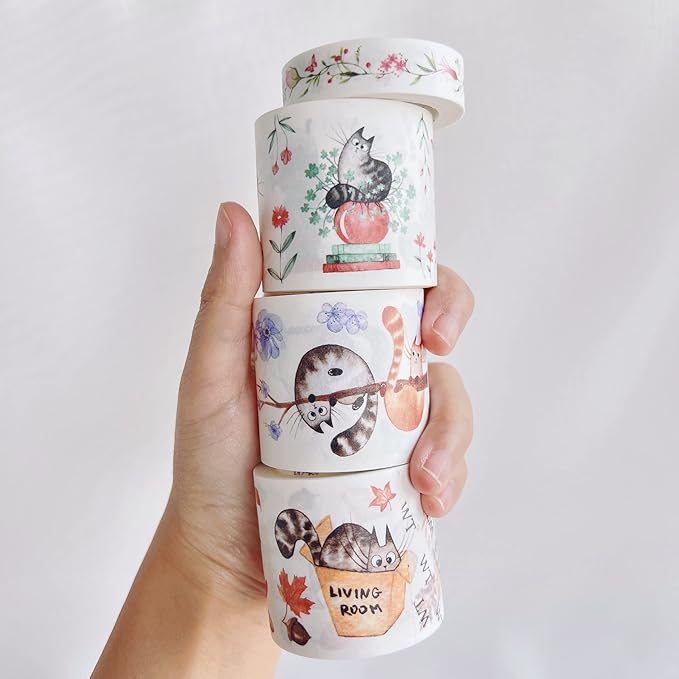 WT Chonky Cat Washi Tape Sticker Set, 4 Rolls, Original Designs, Watercolor Cute Cat Decorative Sticker, Kiss-Cut Craft Sticker, Bujo Planner Supplies, Journals Gifts, DIY Paper Sticker