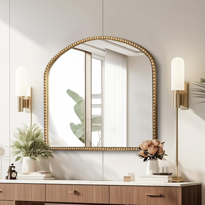 Arched Antique Gold Bathroom Mirror Baroque Metal Beaded Frame Wall Mirrors Decorative Wall Mirrors for Vanity Bedroom Entryway