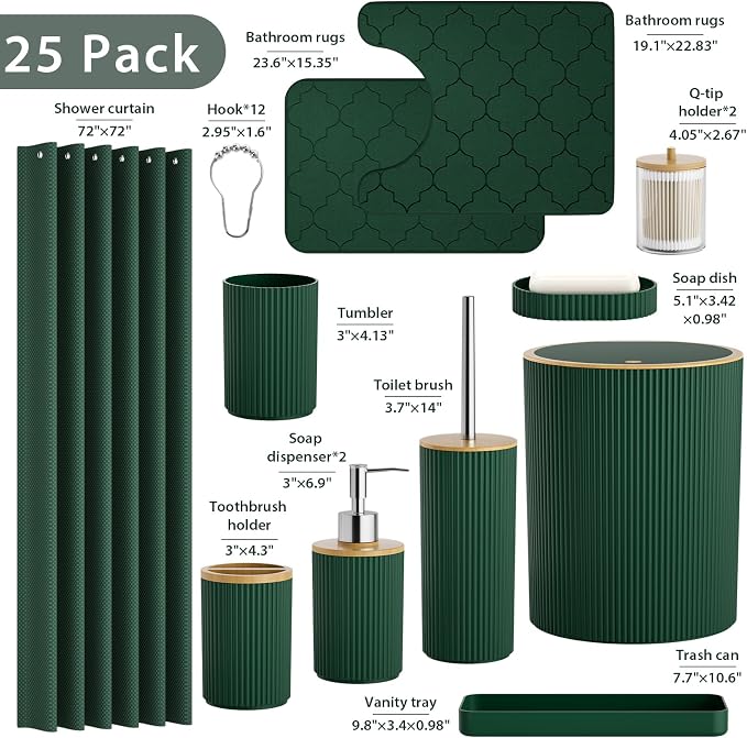 Dark Green Bathroom Accessory Set - Bathroom Sets, 25PC Bath Accessories Set, Bathroom Sets with Push Top Trash Can, Shower Curtain and Rugs, Toilet Brush, Trash Can & Soap Dispenser