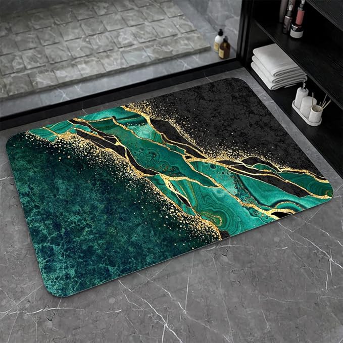 Diatomaceous Earth Bath Mat,Black and Green Gold Marble Non-Slip Volume Super Absorbent Fast Drying for Bathroom Kitchen Door mat,Eco-Friendly Easy to Clean 16×24Inch (40 * 60cm)