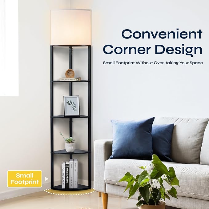 Corner Floor Lamp with Shelves, Tall Corner Lamp with Fabric Shade, Modern Torchiere Lamp for Living Room, Bedroom, Office, Corner Display Shelf with Light, Home Decor, Black