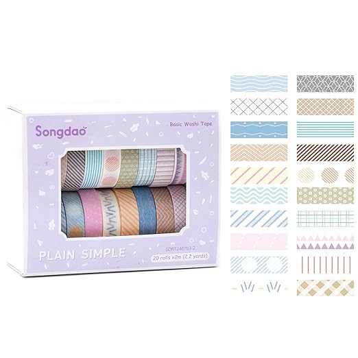 Songdao 20 Rolls Basic Washi Tape Set Japanese Arts Adhesive Tapes Simple Patterns Decorative Masking Tape Sets for Craft, Kids, Scrapbook, DIY, Gift Wrapping (Style Two)