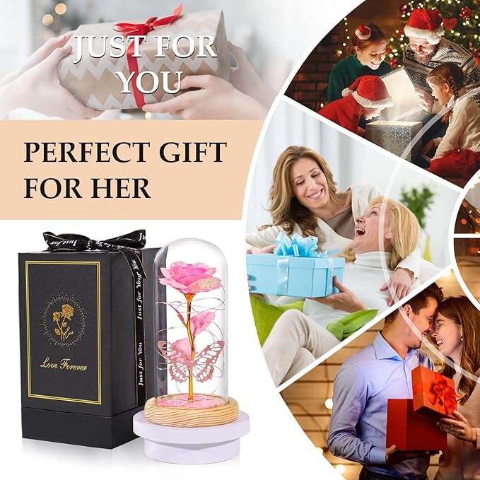 Beferr Christmas Birthday Gifts for Women, Mom Gifts for Christmas Galaxy Glass Rose Forever Preserved Flowers for Delivery Prime Rose in Glass Dome Xmas Gifts for Grandma Wife Sister Her, NPink