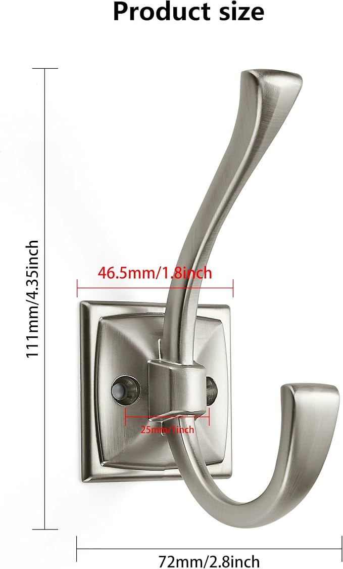 5 Pack Decorative Heavy Duty Towel Hooks for Hanging Robe Double Satin Nickel Coat Hooks Wall Mounted with Screws for Key, Towel, Bags, Cup, Hat