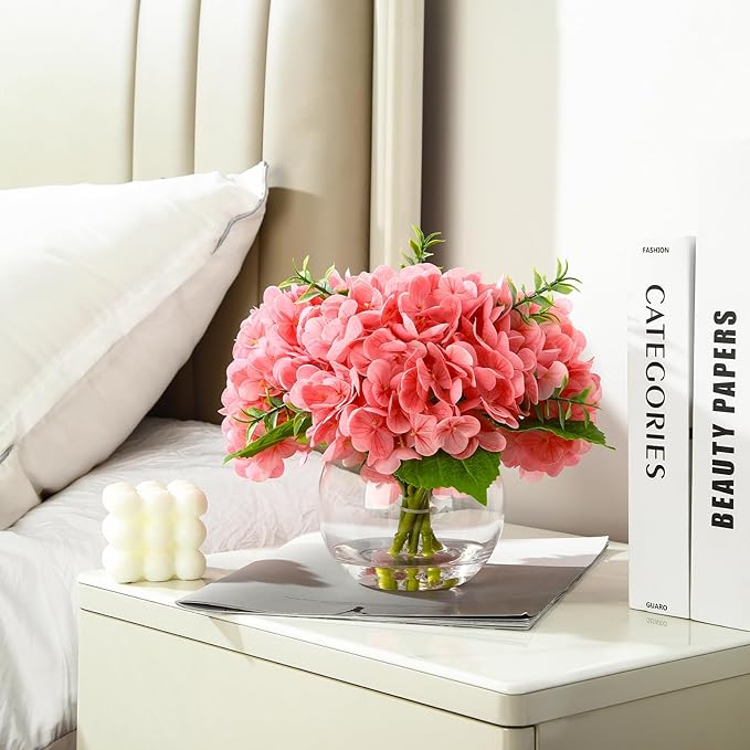 Artificial Flowers Hydrangea Artificial Flowers with Vase Silk Fake Flowers Arrangements in Vase with Faux Water for Home Bathroom Office Table Centerpiece Shelf Decorations (Pink)
