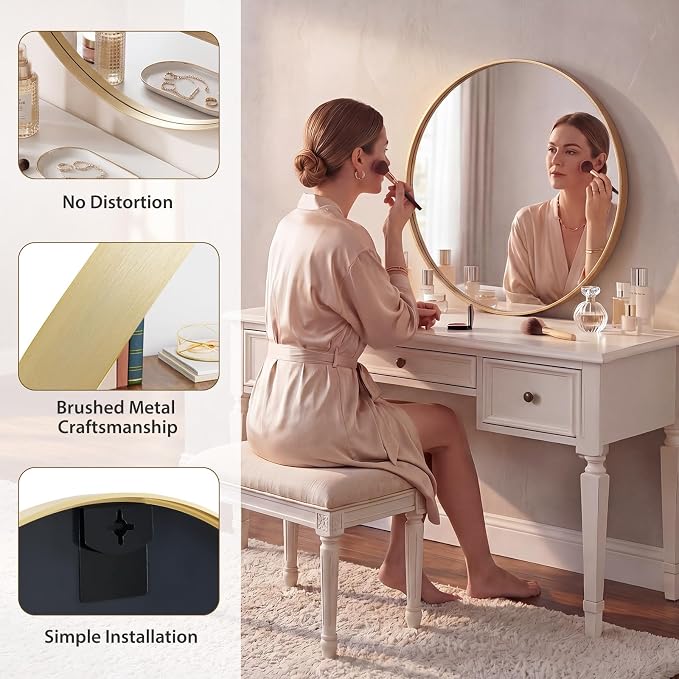 Sweetcrispy Bathroom Round Mirror for Over Sink, 28 Inch Wall Circle Mirror with Matte Metal Frame, Modern Wall Mount Vanity Mirror for Home Decor, Living Room, Bedroom, Gold