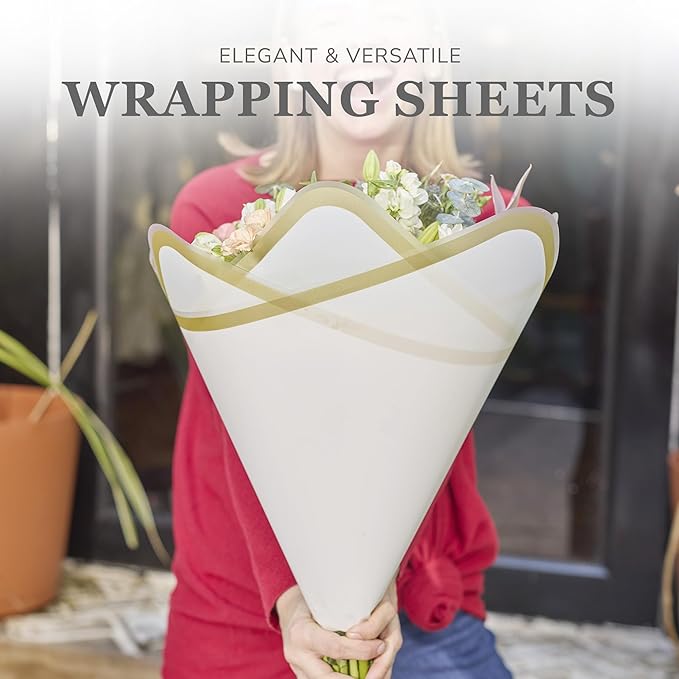 the florist Supply 20 Sheets Premium Flower Wrapping Paper | Waterproof Flower Wrapping Paper for Bouquets | Double Sided Floral Bouquet Sheets | DIY Gifts Rocio White/Gold