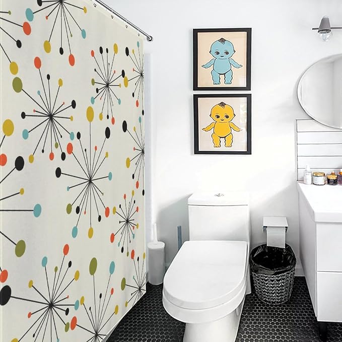 Mid Century Modern Shower Curtain, Geometric Atomic Abstract Iconic Pattern 1950s 1960s Retro Style Art Pastel Waterproof Fabric Bathroom Shower Curtain Set with Hooks,72"x72" Inch