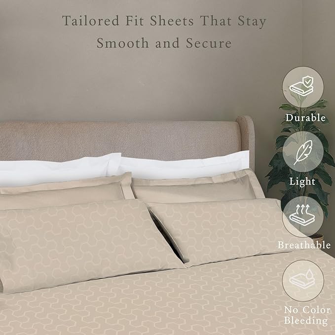 Threadmill Cotton Twin Sheet Set | 500TC 100% Cotton Twin Bed Sheets - Damask Jacquard Sateen, Soft Breathable 3-Piece Cooling Set - Beige