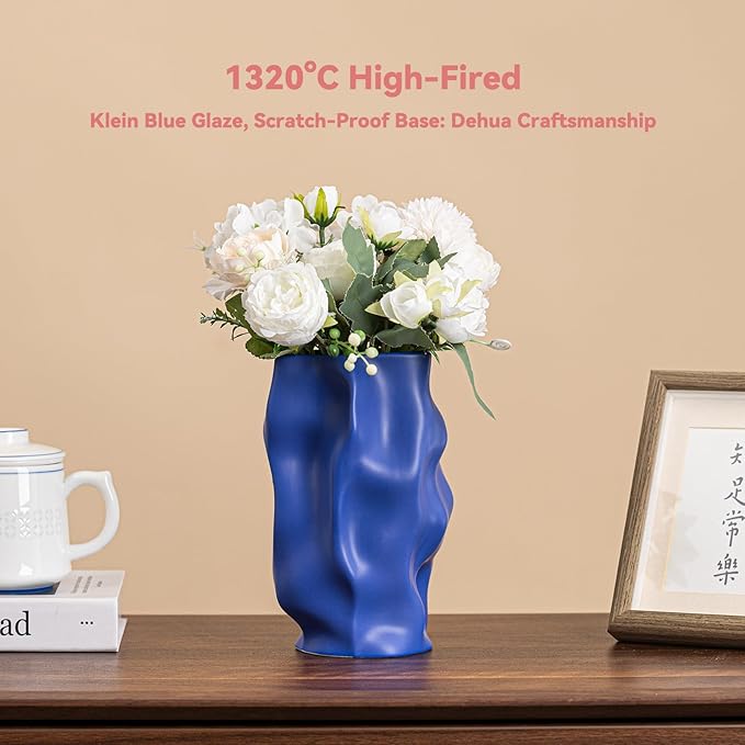Blue Ceramic Vase for Home Décor – Modern Unique Flower Vase, Decorative Table Centerpiece – Handcrafted Ceramic Vase for Living Room, Office & Gift Ideas (ChifonCyan 8.3 inches)
