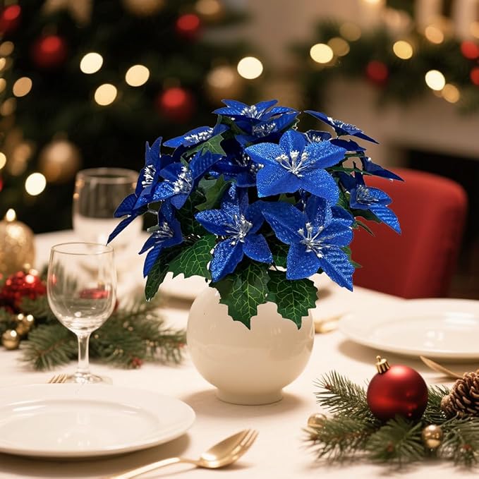 8 Pack 5 Heads Christmas Artificial Poinsettia Flowers Faux Poinsettia Bush Bouquets Silk Poinsettia Christmas Tree Ornaments Poinsettia Flower Arrangement for Home Decor