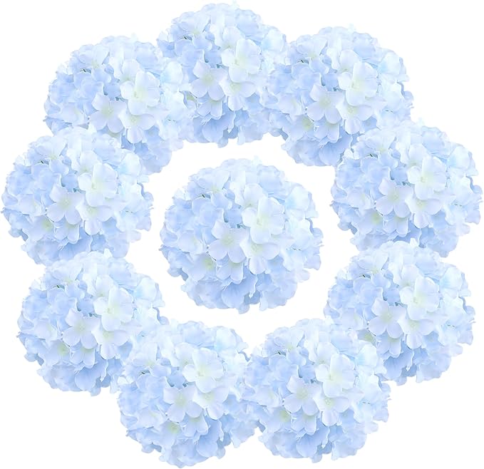 Fake Blue Hydrangea Artificial Flowers - Faux Silk Hydrangeas Flowers Heads with Stems Real Touch for Home Wedding Party Table Decor(Blue,Pack of 10)