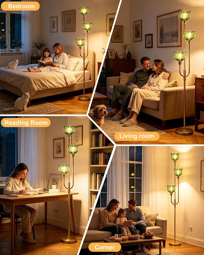 Lightdot 3-Lights Modern Glass Floor Lamp 66IN Gold Dimmable Floor Lamps with 3000K Warm White Bulbs for Wedding Party Tall Standing Lamp with Green Glass Shade for Living Room/Bedroom/Home Decor