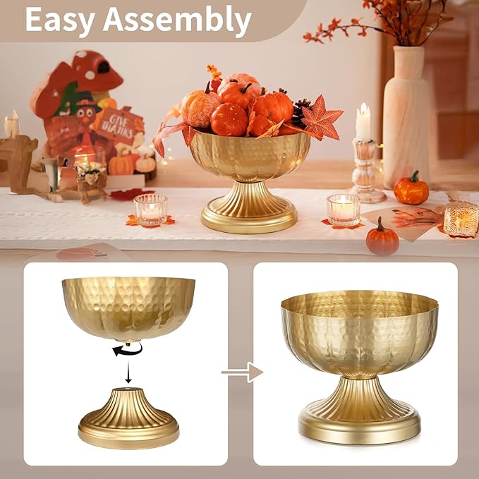 NUPTIO Gold Vases for Centerpieces Wedding: Hammered Brass Compote Vases for Small Flowers Arrangements - Metal Pedestal Bowl for Table Home Decor Set of 2