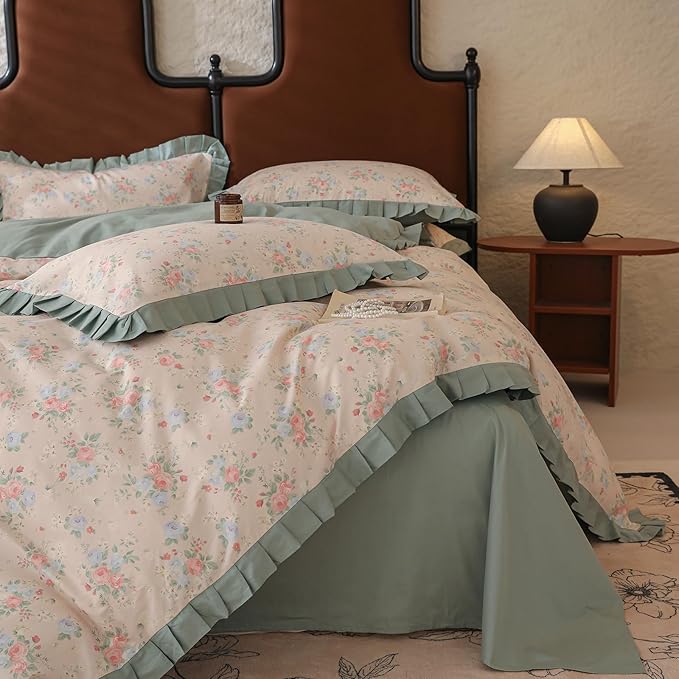 LifeTB Romantic Ruffle Floral Duvet Cover Queen 3 Pieces Flower Duvet Cover Girls Floral Comforter Cover 100% Cotton Princess Lace Bedding Cover Cottagecore Flower Comforter Cover with 2 Pillowcases
