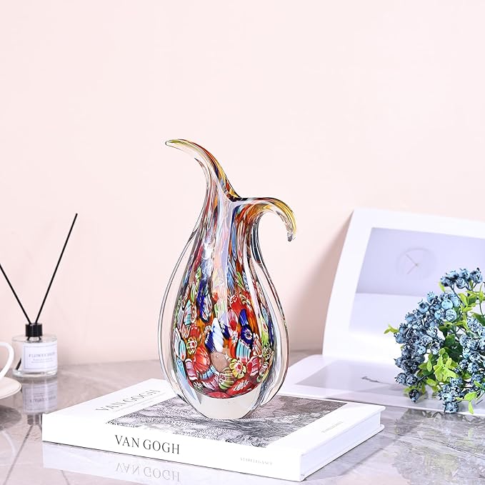 Hand Blown Glass Vase – Oval Decorative Art Glass for Centerpieces, Murano Inspired Decor for Dining Room, Entryway Table, or Shelf, Handmade Glass Vase for Home Display (Teal)
