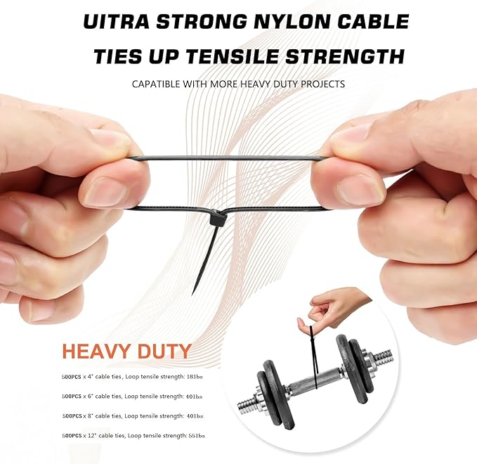 Zip Ties Assorted Sizes(4”+6”+8”+12”), 2000 Pack,Black Cable Ties,Multi-Purpose Self-Locking Nylon Cable Cord Management,Plastic Wire Ties for indoor and outdoor use.