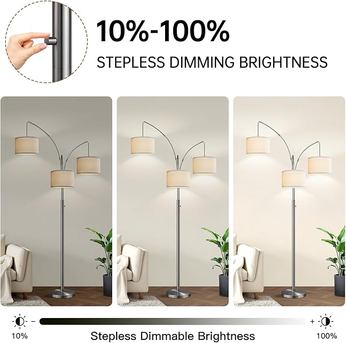 Dimmable Brushed Nickel Floor Lamp, 3 Light Arc Floor Lamp, Modern Tall Standing Tree Lamp with White Shades & Heavy Base, 3000LM Cool White LED Bulbs, Bright Lighting for Living Room, Bedroom, Office