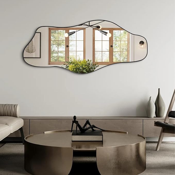 Large Irregular Mirror, 54.5"x24" Asymmetrical Tempered Glass Mirror, Modern Organic Shaped Wall Mirrors for Entryway Bedroom Living Room Bathroom, Horizontal or Vertical Hanging