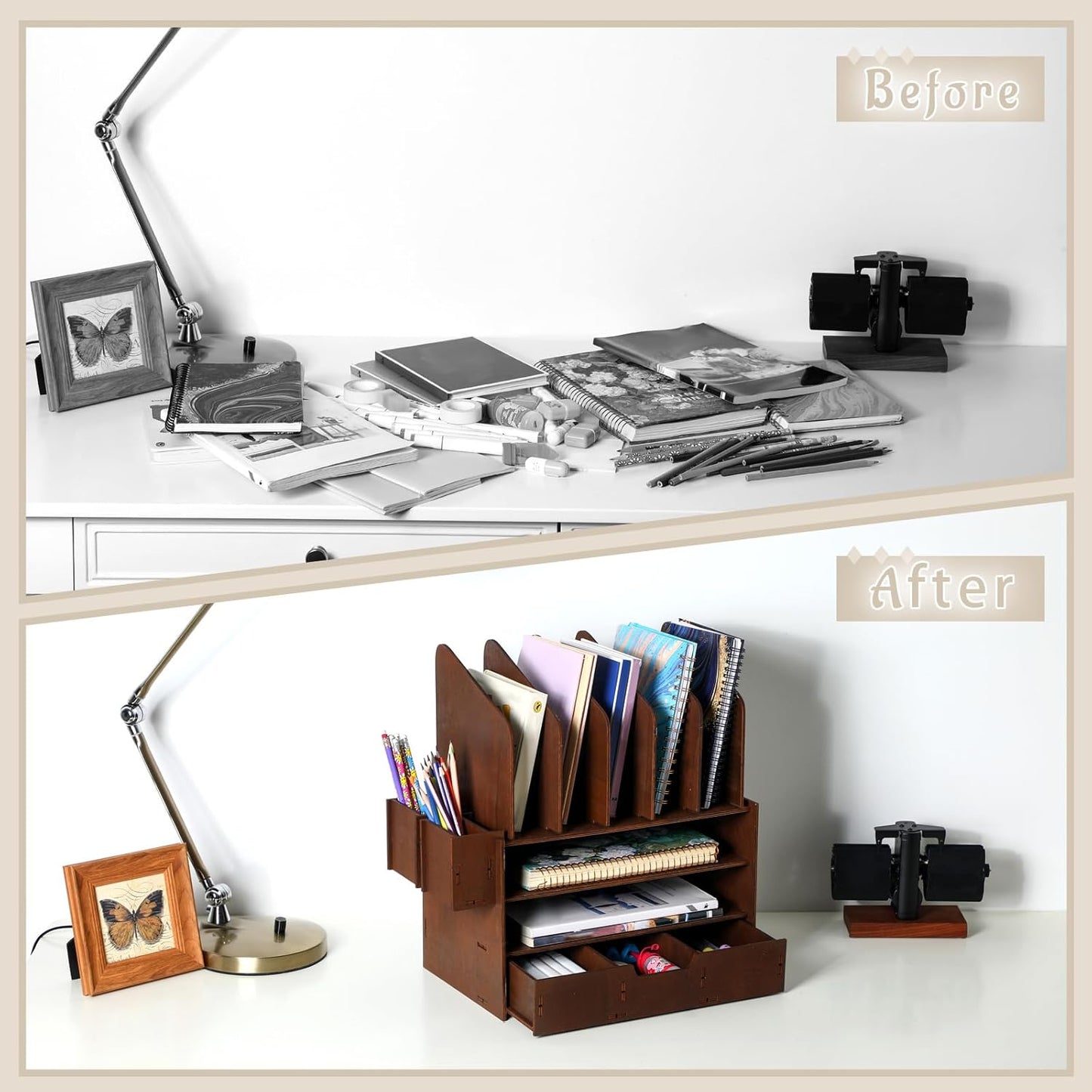 Wonderjune 4-Tier Wooden Desk File Organizer - Multifunctional Office Accessories with 5 Vertical Holders & Drawer