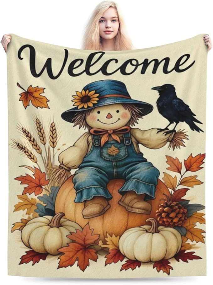 Fall Pumkin Blanket Farmhouse Autumn Harvest Throw Blanket Fall Scarecrow Soft Cozy Fleece Fuzzy Stuffed Plush Flannel Gifts for Girls Women Boys Kids Adults 40''x50''