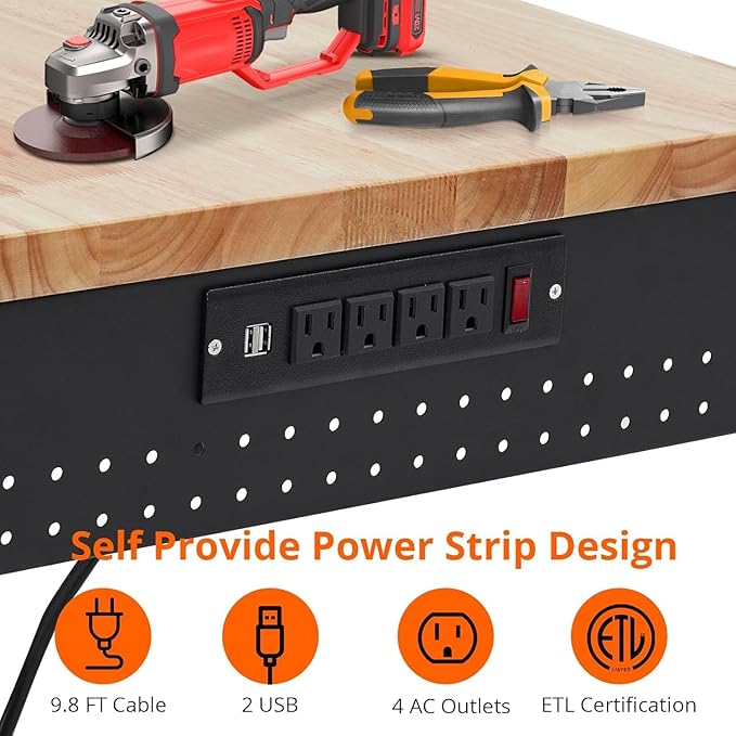 TrailBlaze 60" x 22" Workbench, Heavy Duty Rubber Wood Top Workbench with Power Outlet & 4 Lockable Wheels, Adjustable Height Work Table for Home Garage Workshop - 2000lbs Load Capacity
