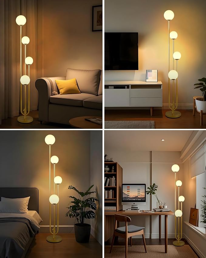 Lightdot Gold Globe Floor Lamp 4-Lights Dimmable Floor Lamps with 3000K Bulbs Included Unique Mid Century Modern Tall Standing Lamp with 5Lbs Heavy Base for Living Room/Bedroom/Sofa Beside